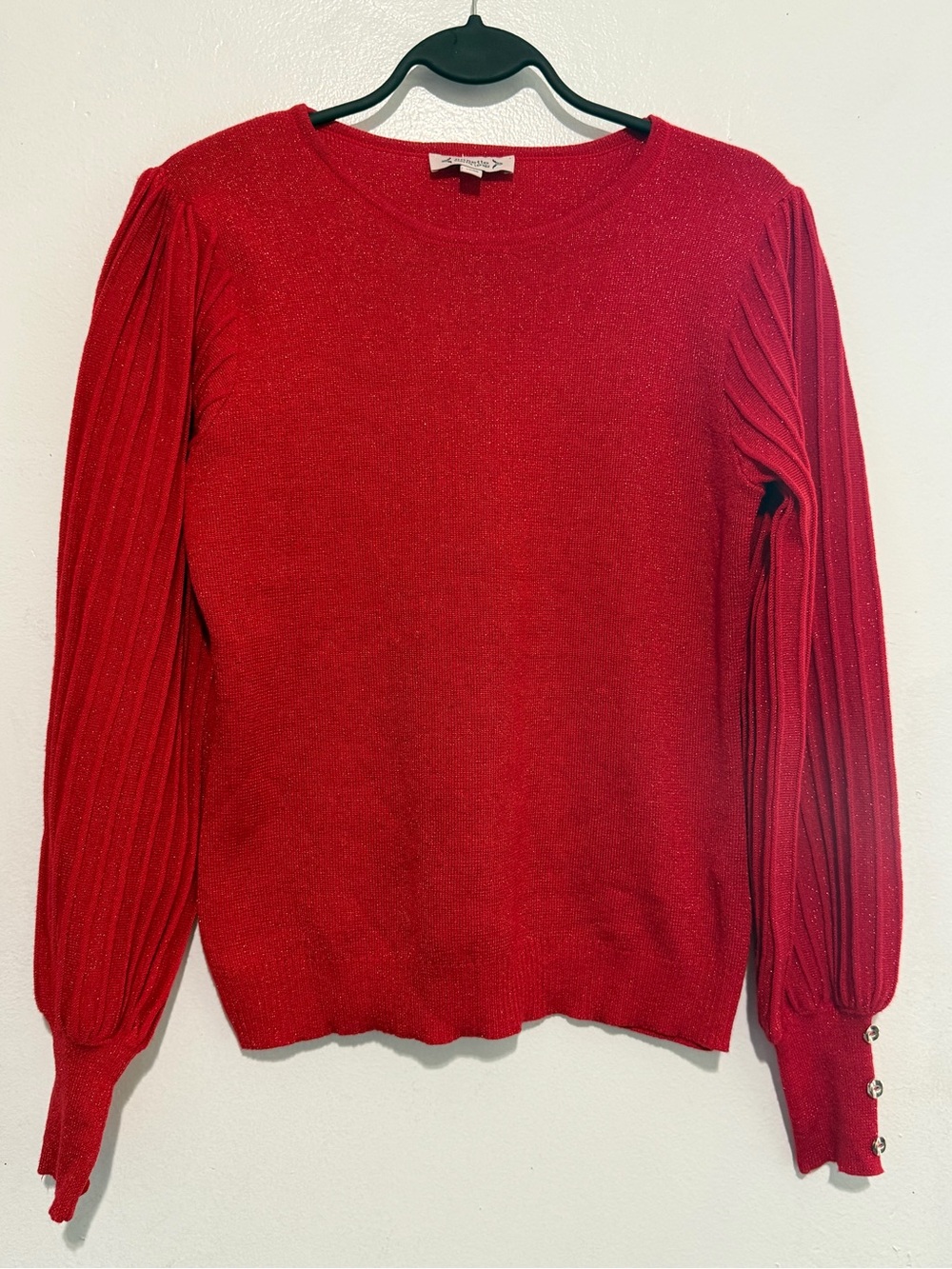 Nanette Lepore Red Glitter Crewneck Sweater with Button Cuffs Medium